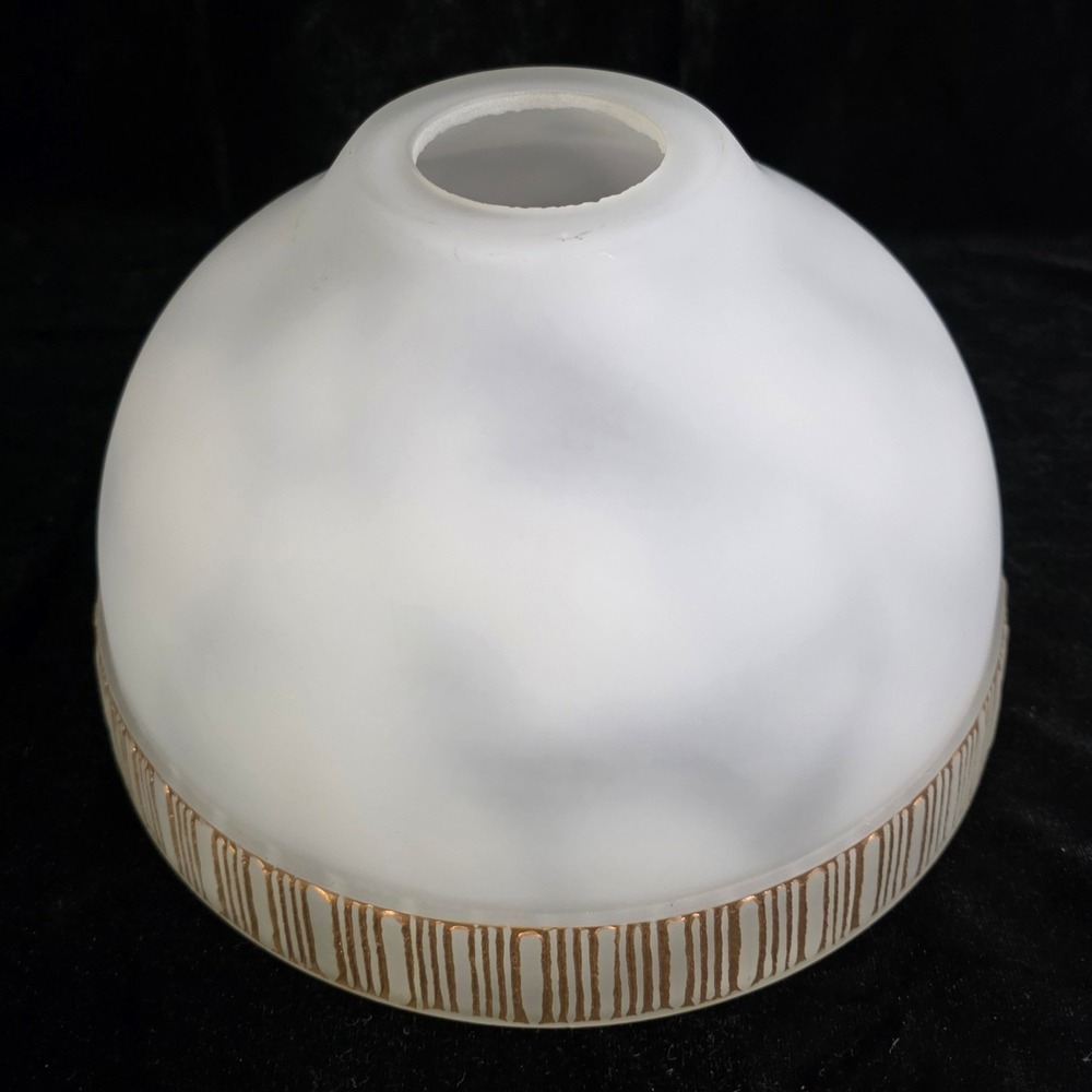 VTG MCM Pendant Frosted Dappled Glass Lamp Shade Gold Striped Band 1 5/8 Fitter